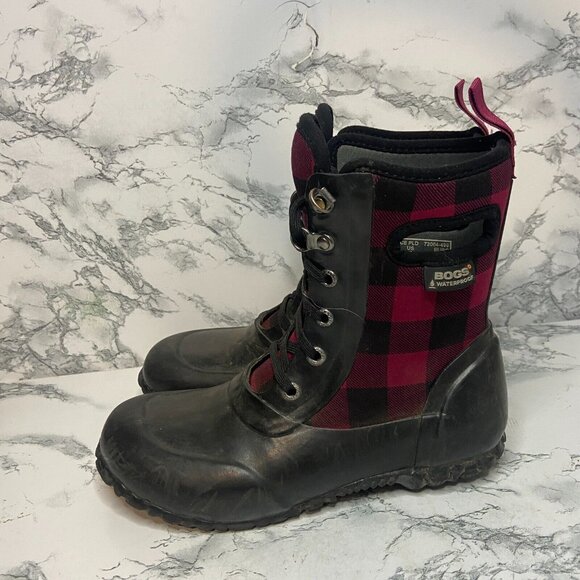 Bogs Youth 2 Sidney Winter Boot Mid Calf Red Buffalo Plaid Waterproof Snow Shoe - Picture 3 of 7